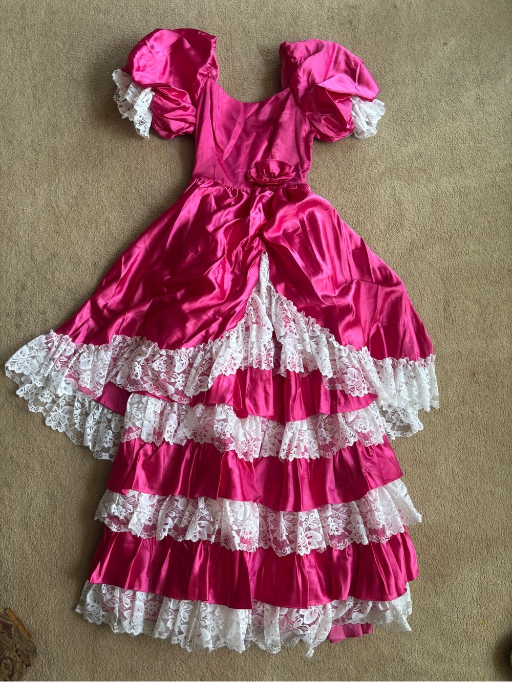 Vintage 80s Hot Pink Satin Lace-Trim Prom Dress Puff Sleeves Scarlett O’Hara